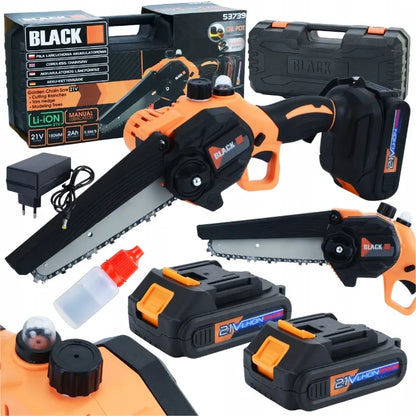 Akumuliatorinis grandininis pjūklas Black 150 mm, 2x akumuliatoriai 21 V, 2x kreipiančiosios + dovanos