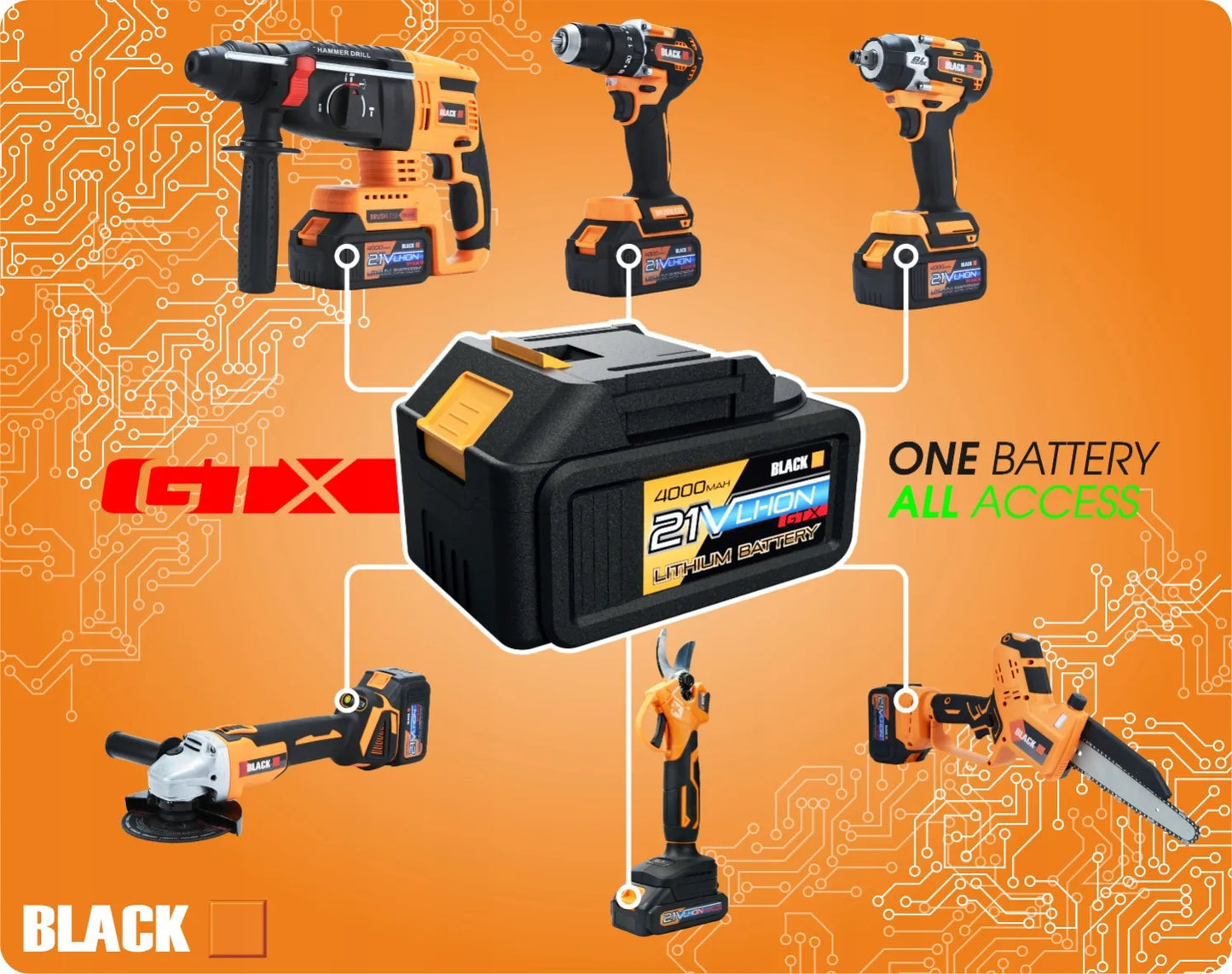 Akumuliatorinis grandininis pjūklas Black 150 mm, 2x akumuliatoriai 21 V, 2x kreipiančiosios + dovanos