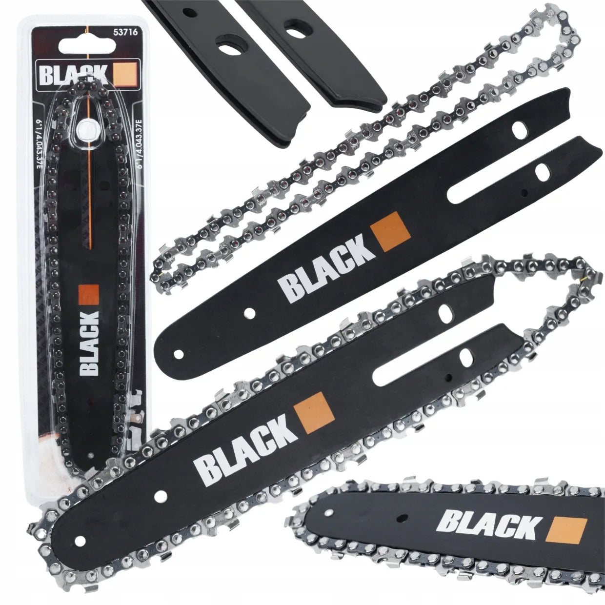Akumuliatorinis grandininis pjūklas Black 150 mm, 2x akumuliatoriai 21 V, 2x kreipiančiosios + dovanos