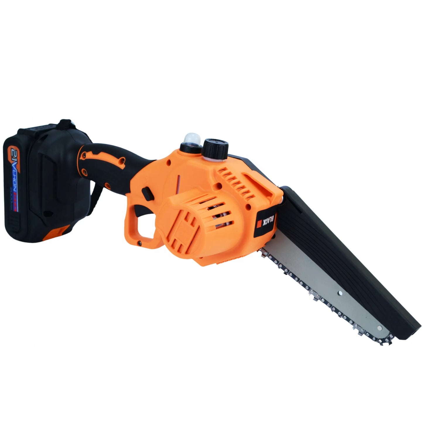 Akumuliatorinis grandininis pjūklas Black 150 mm, 2x akumuliatoriai 21 V, 2x kreipiančiosios + dovanos