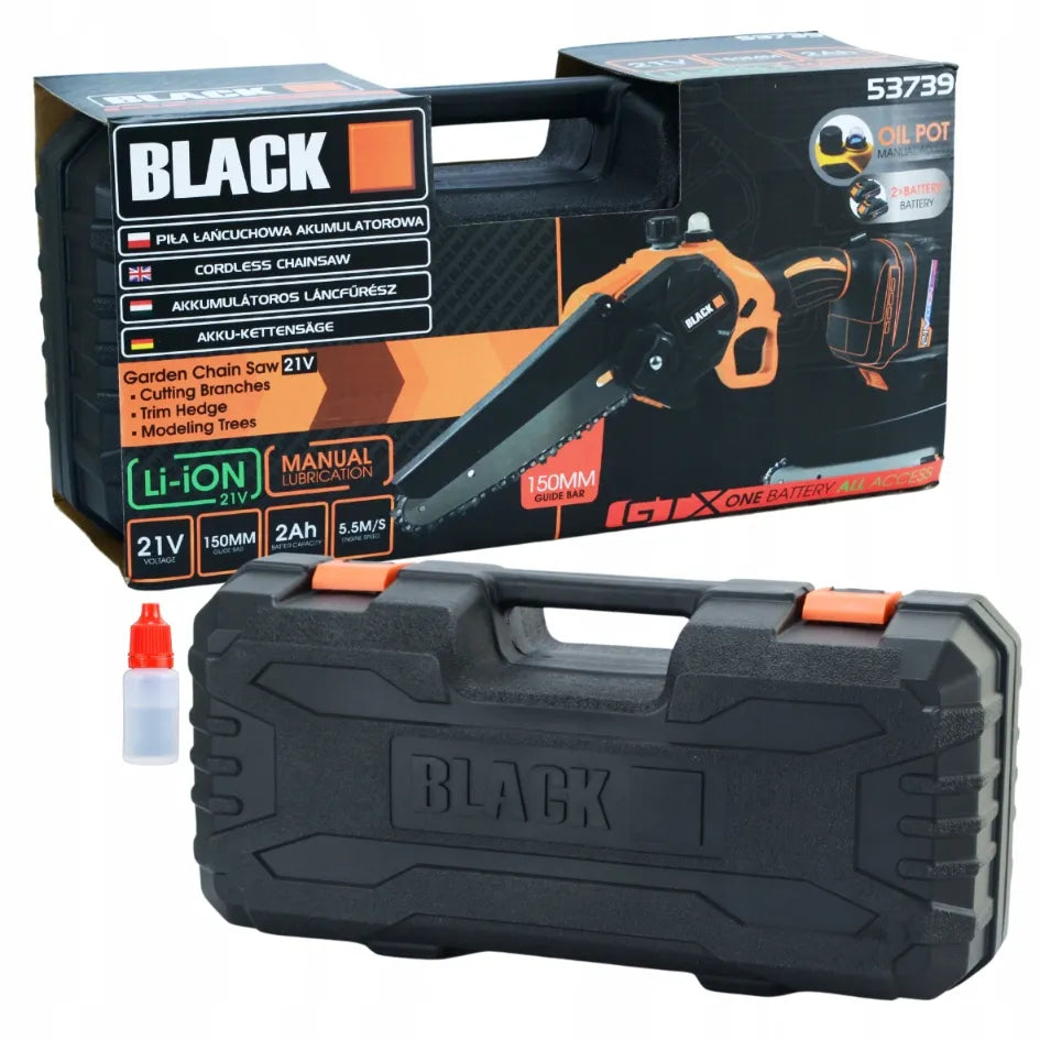 Akumuliatorinis grandininis pjūklas Black 150 mm, 2x akumuliatoriai 21 V, 2x kreipiančiosios + dovanos