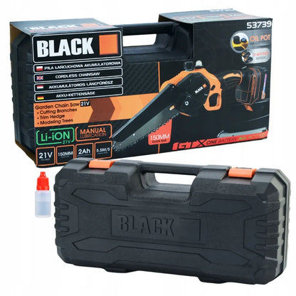 Akumuliatorinis grandininis pjūklas Black 150 mm, 2x akumuliatoriai 21 V, 2x kreipiančiosios + dovanos