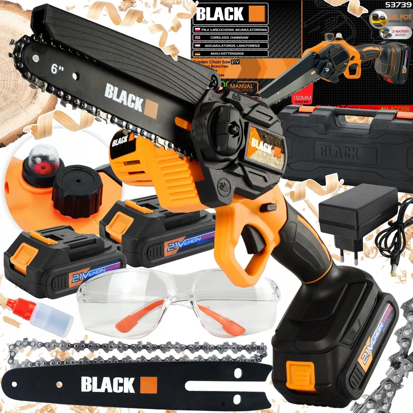 Akumuliatorinis grandininis pjūklas Black 150 mm, 2x akumuliatoriai 21 V, 2x kreipiančiosios + dovanos