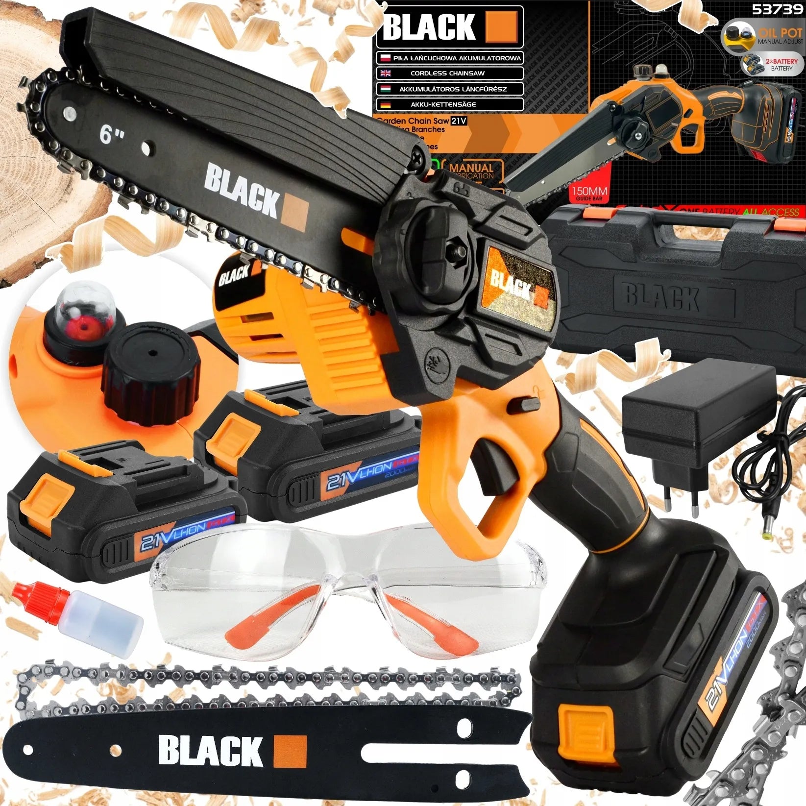 Akumuliatorinis grandininis pjūklas Black 150 mm, 2x akumuliatoriai 21 V, 2x kreipiančiosios + dovanos
