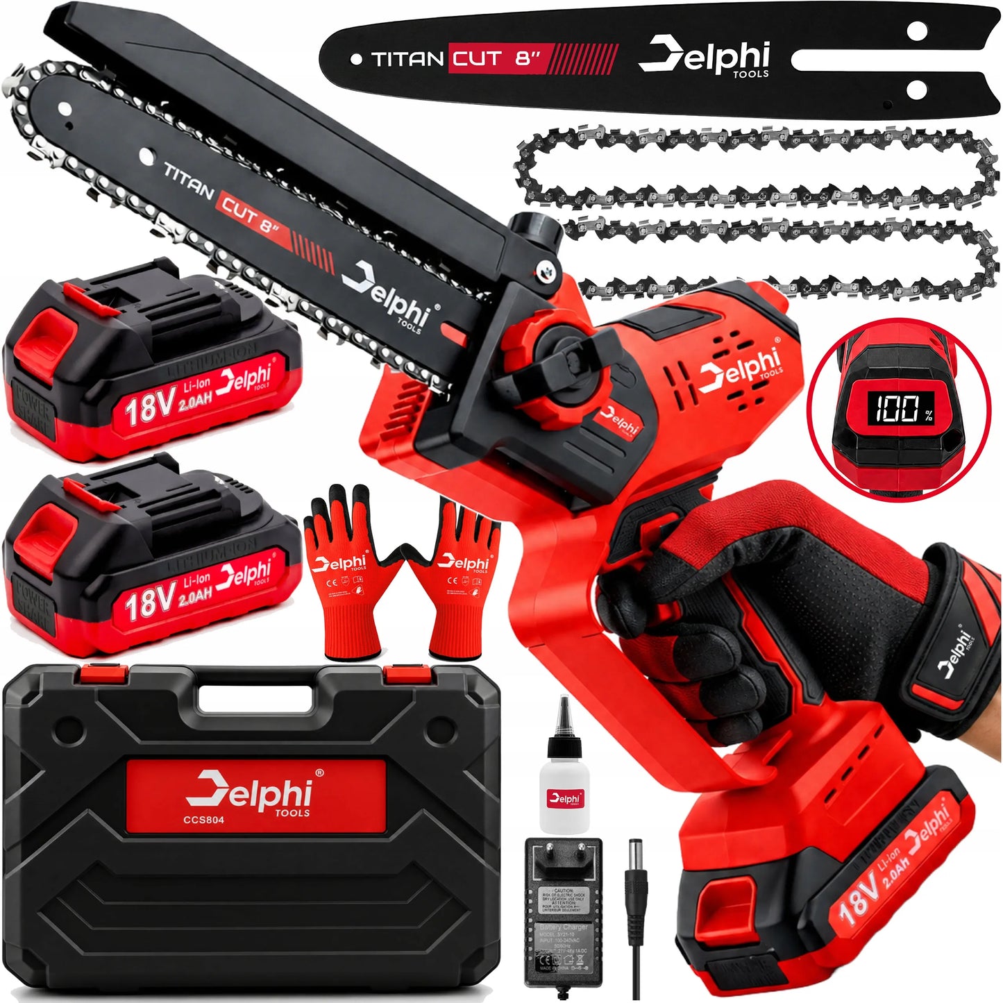 Akumuliatorinis grandininis pjūklas šakoms Delphi Tools 8" 2xAKU galingas