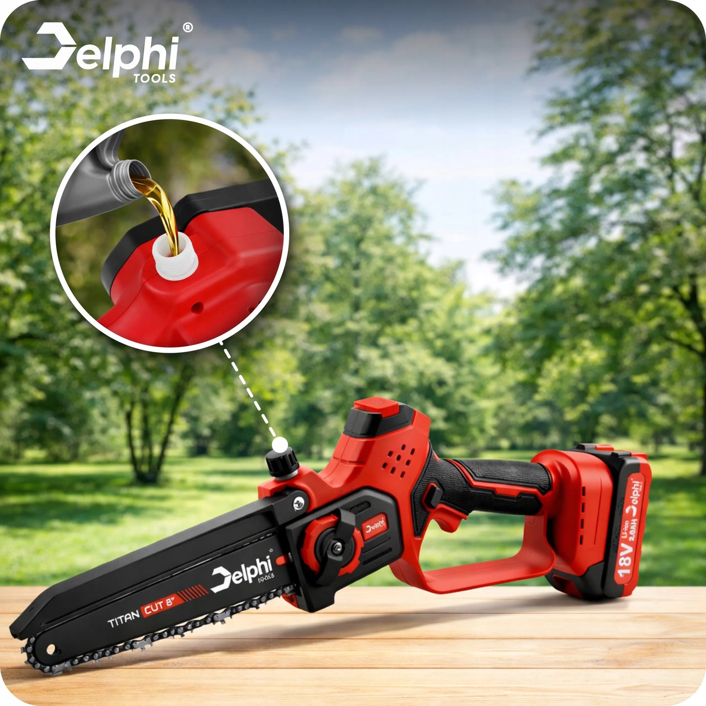 Akumuliatorinis grandininis pjūklas šakoms Delphi Tools 8" 2xAKU galingas