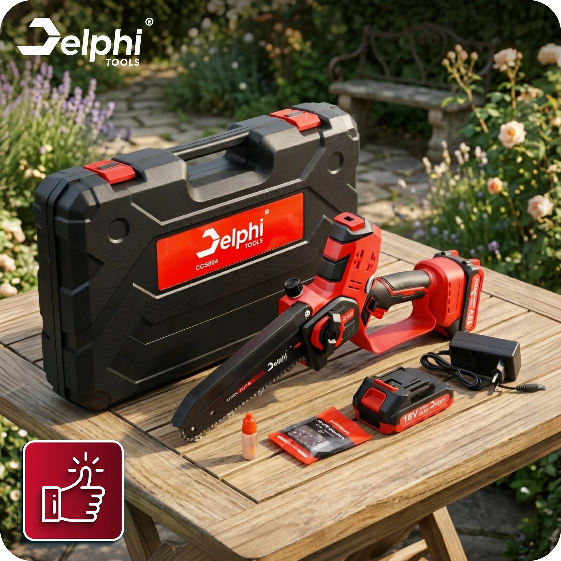 Akumuliatorinis grandininis pjūklas šakoms Delphi Tools 8" 2xAKU galingas
