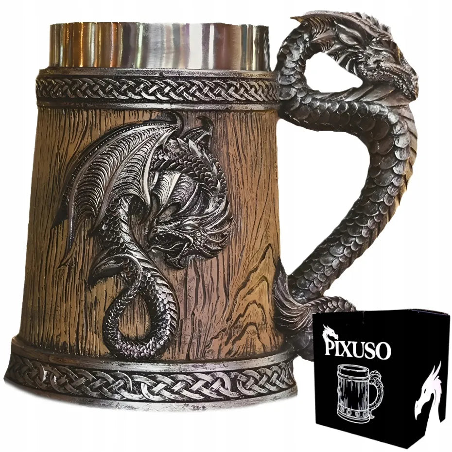 Alaus bokalas 500 ml su drakonu, vintažinis stilius, dovana vyrui