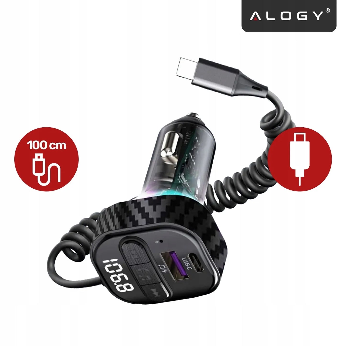 Alogy Bluetooth FM siųstuvas automobilinis įkroviklis 30W BT 5.3 QC3.0 USB-C laidas