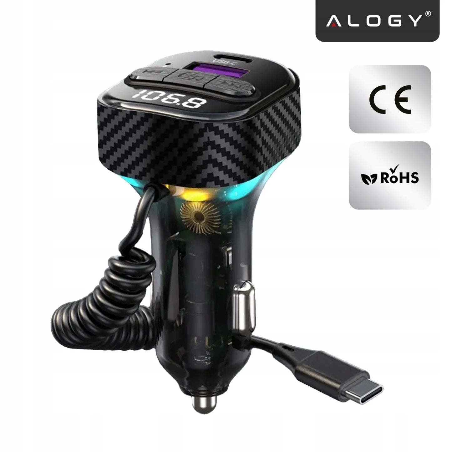 Alogy Bluetooth FM siųstuvas automobilinis įkroviklis 30W BT 5.3 QC3.0 USB-C laidas