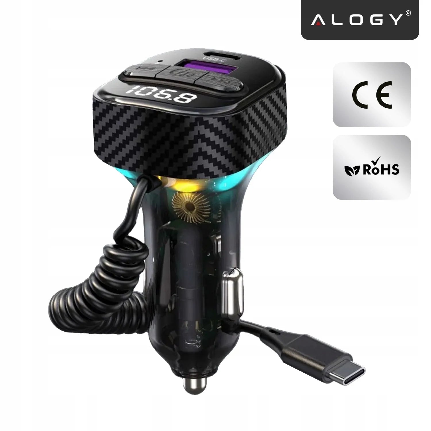 Alogy Bluetooth FM siųstuvas automobilinis įkroviklis 30W BT 5.3 QC3.0 USB-C laidas