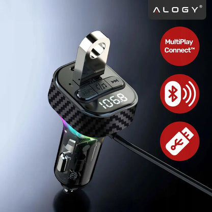 Alogy Bluetooth FM siųstuvas automobilinis įkroviklis 30W BT 5.3 QC3.0 USB-C laidas