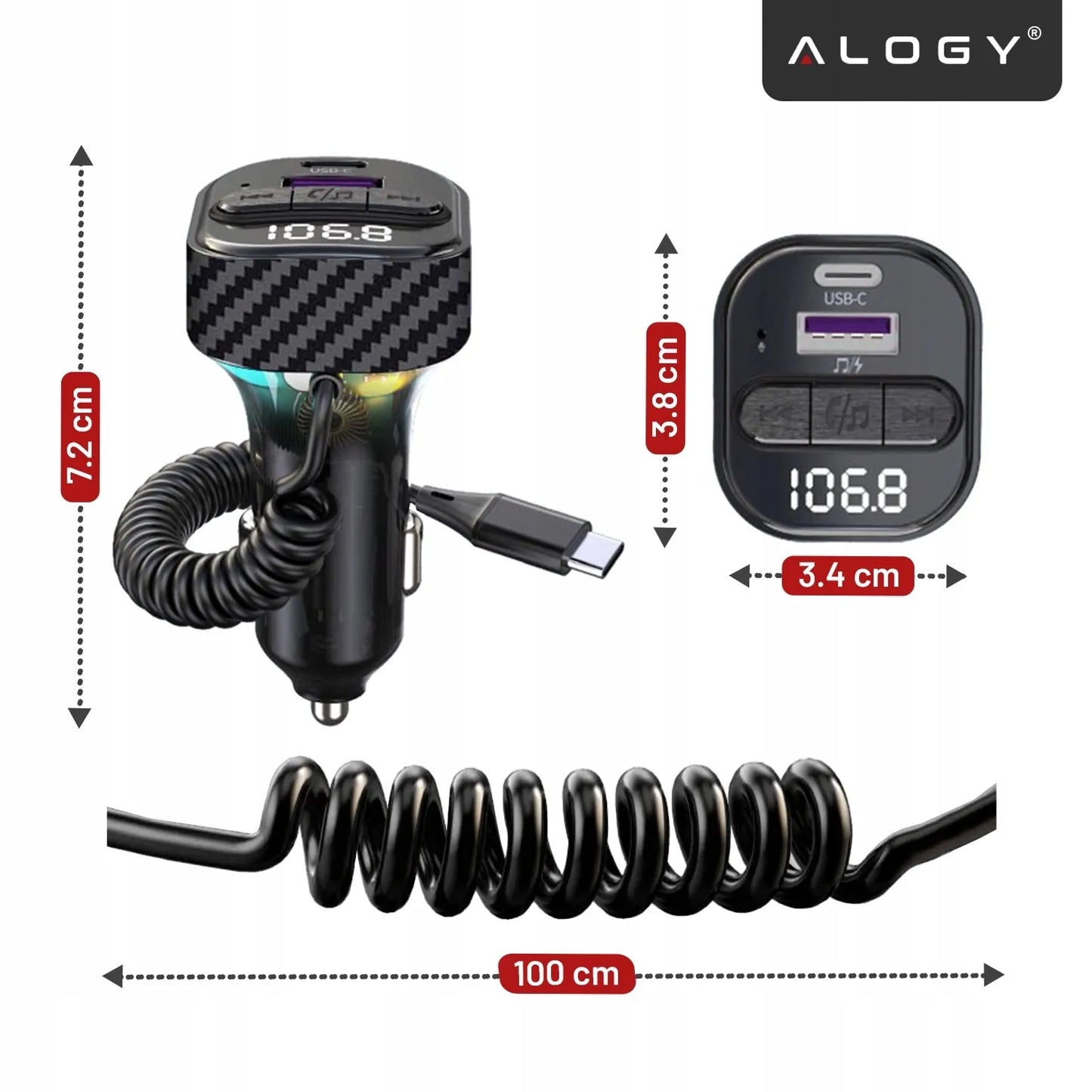 Alogy Bluetooth FM siųstuvas automobilinis įkroviklis 30W BT 5.3 QC3.0 USB-C laidas