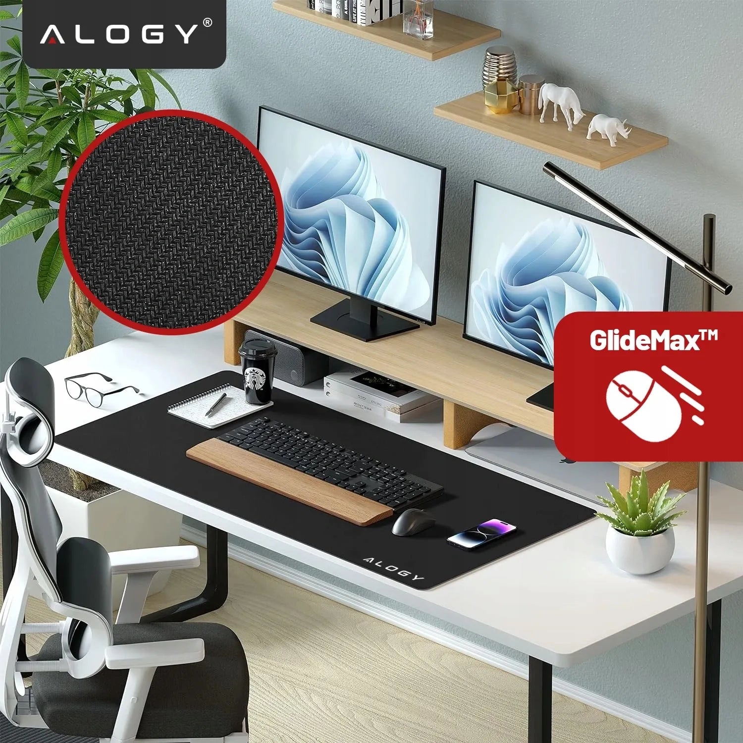 Alogy DeskMat XL 80x40 cm apsauginis stalo kilimėlis pele ir klaviatūrai, neslystantis, juodas