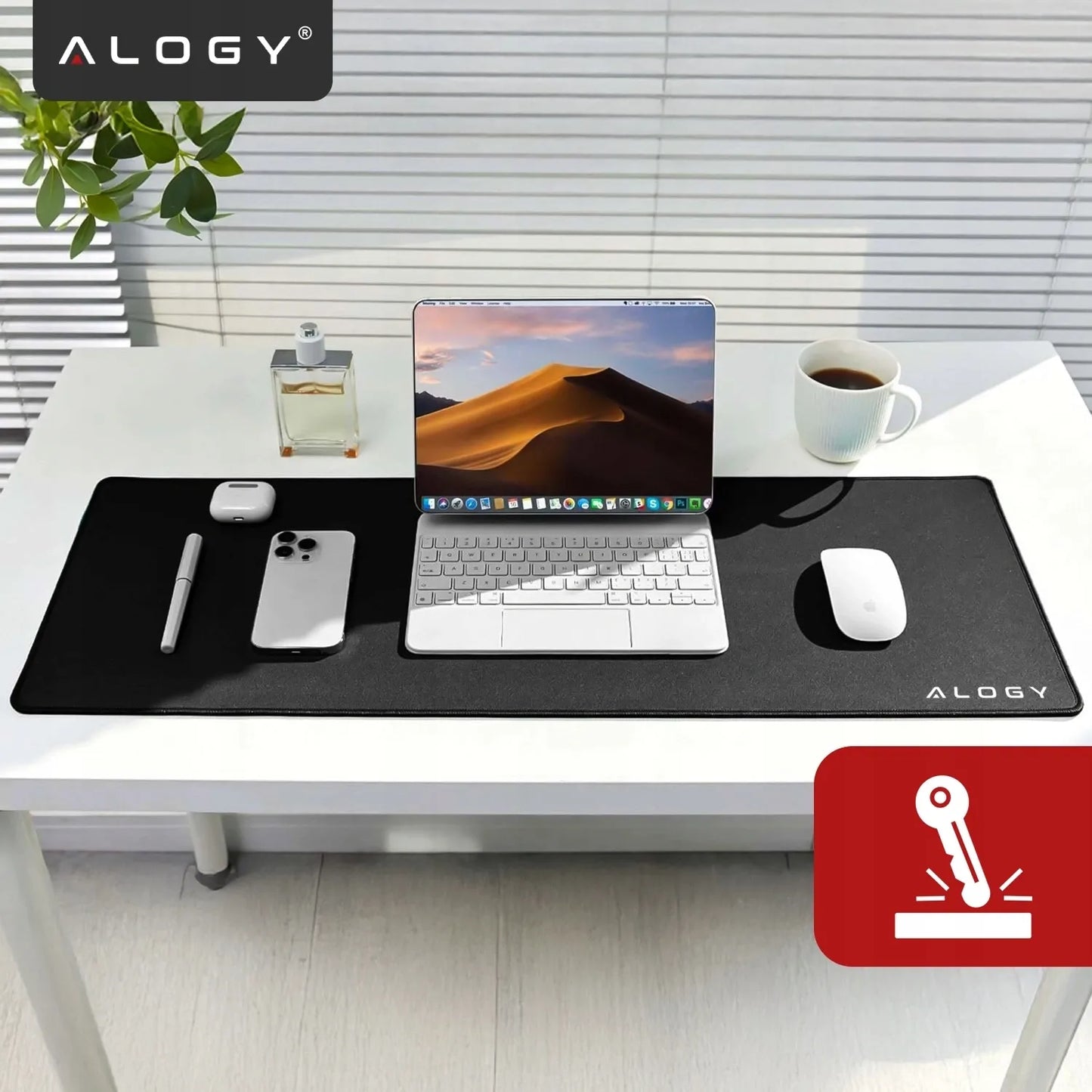 Alogy DeskMat XL 80x40 cm apsauginis stalo kilimėlis pele ir klaviatūrai, neslystantis, juodas
