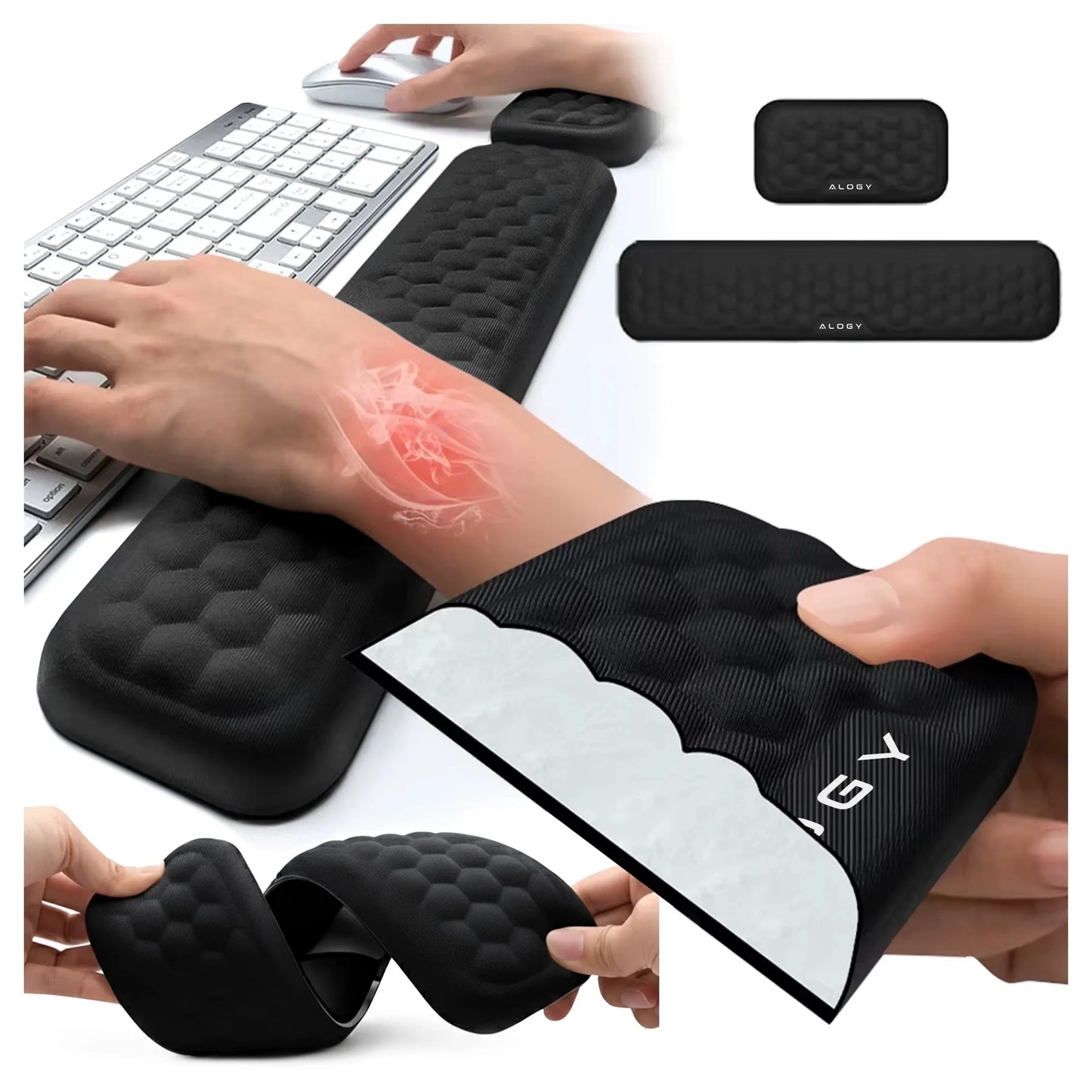 Alogy klaviatūros ir riešo atrama, pelės kilimėlis, memory foam, 2 viename rinkinys