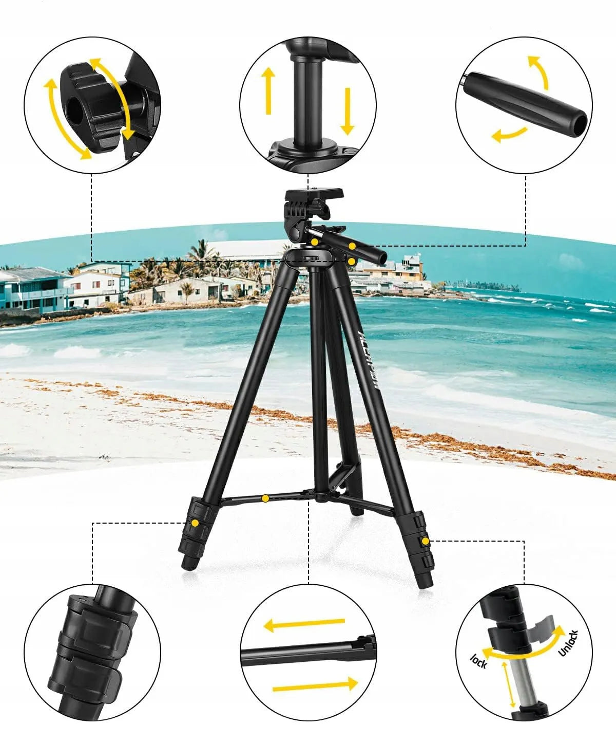 Alogy lengvas aliumininis trikojis 39–135 cm, 3 viename, su „Bluetooth“ nuotolinio valdymo pulteliu, telefono laikikliu ir krepšiu