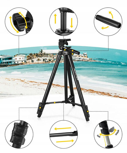 Alogy lengvas aliumininis trikojis 39–135 cm, 3 viename, su „Bluetooth“ nuotolinio valdymo pulteliu, telefono laikikliu ir krepšiu