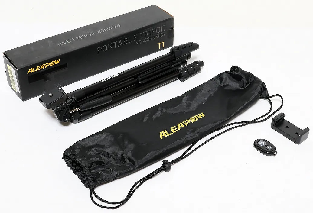 Alogy lengvas aliumininis trikojis 39–135 cm, 3 viename, su „Bluetooth“ nuotolinio valdymo pulteliu, telefono laikikliu ir krepšiu