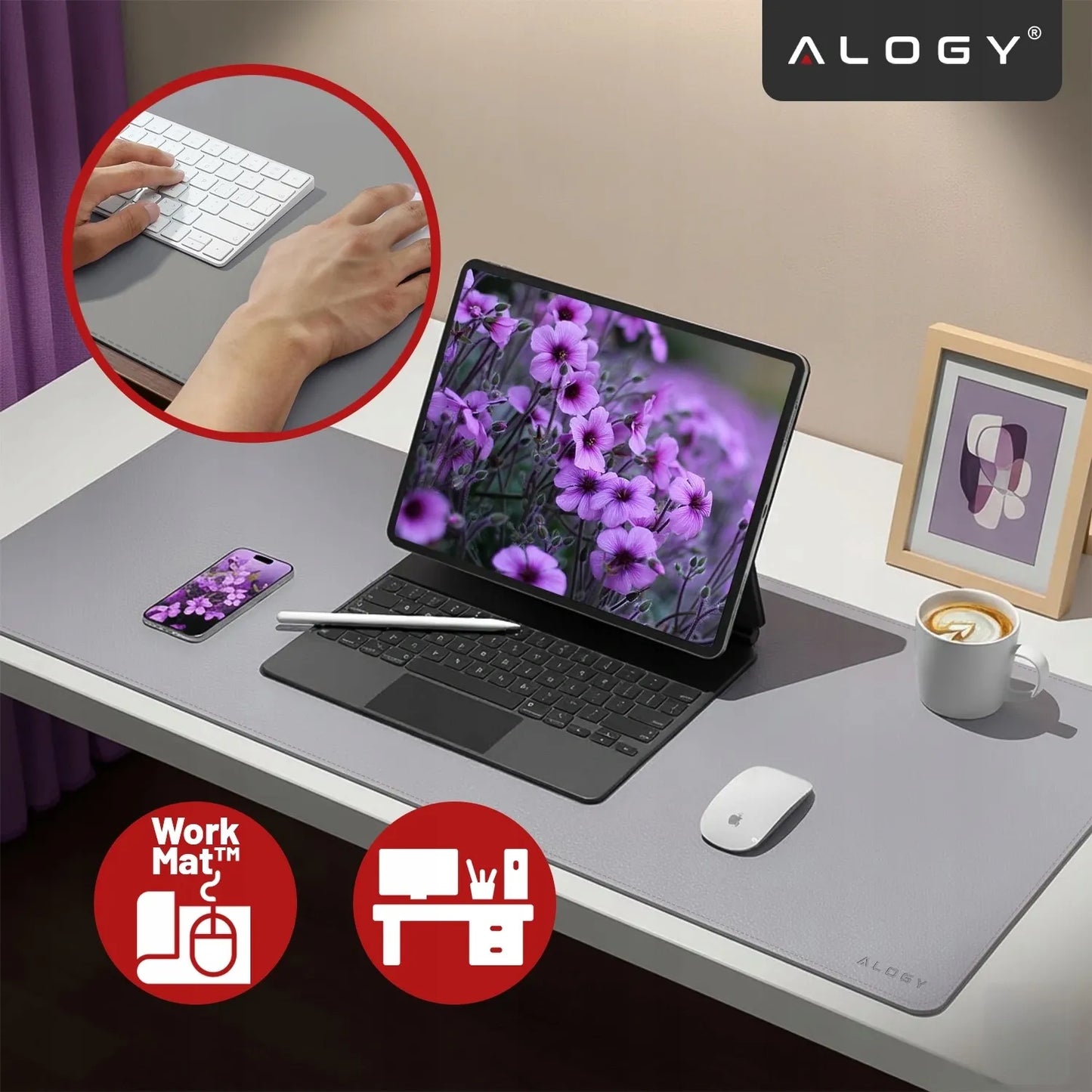 „Alogy WorkMat™“ darbo stalo kilimėlis 90x45 cm, neslystantis, iš PU dirbtinės odos