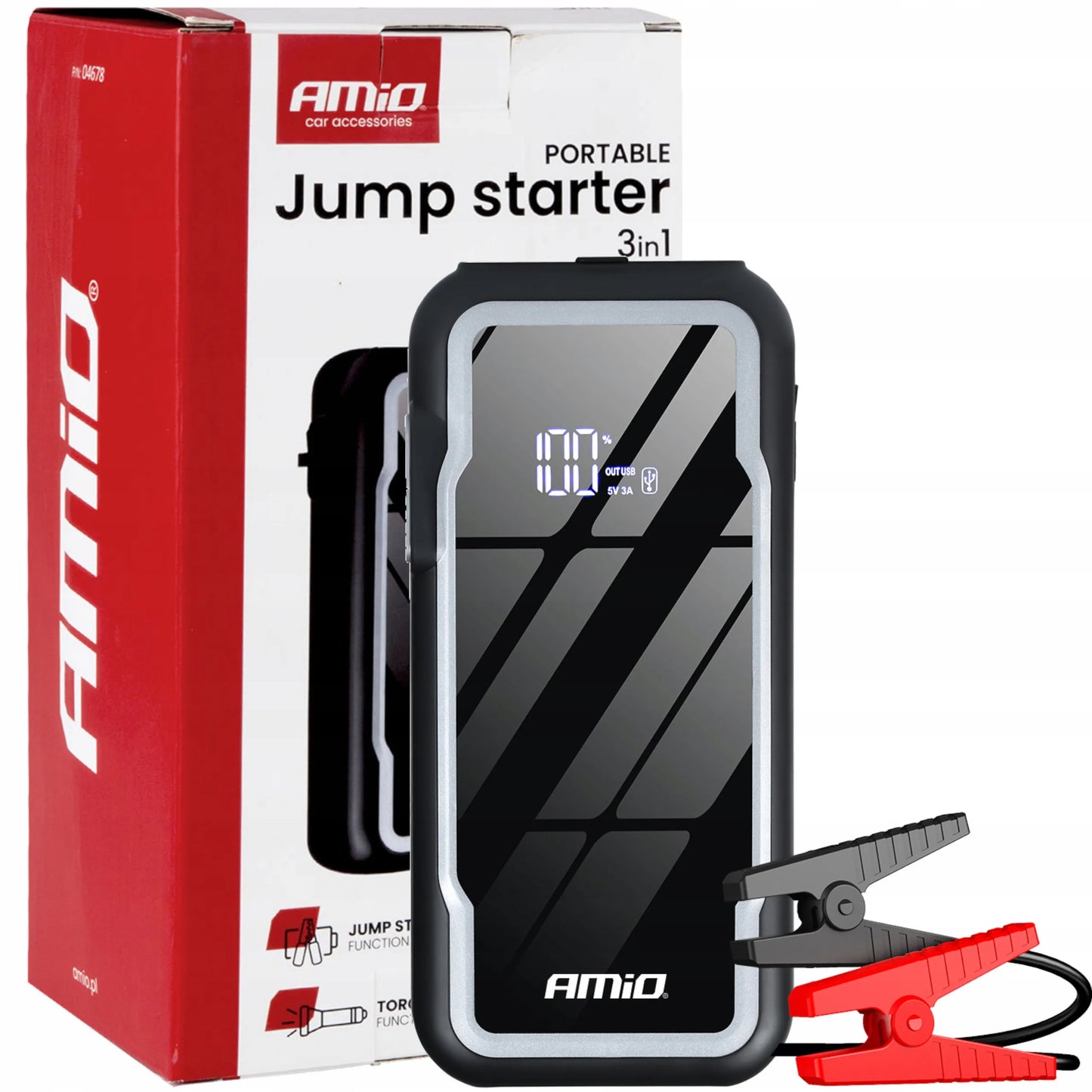 Amio 04678: 3-in-1 automobilinis užvedimo įrenginys, powerbankas ir LED žibintuvėlis, 12V, 12Ah, 1600A