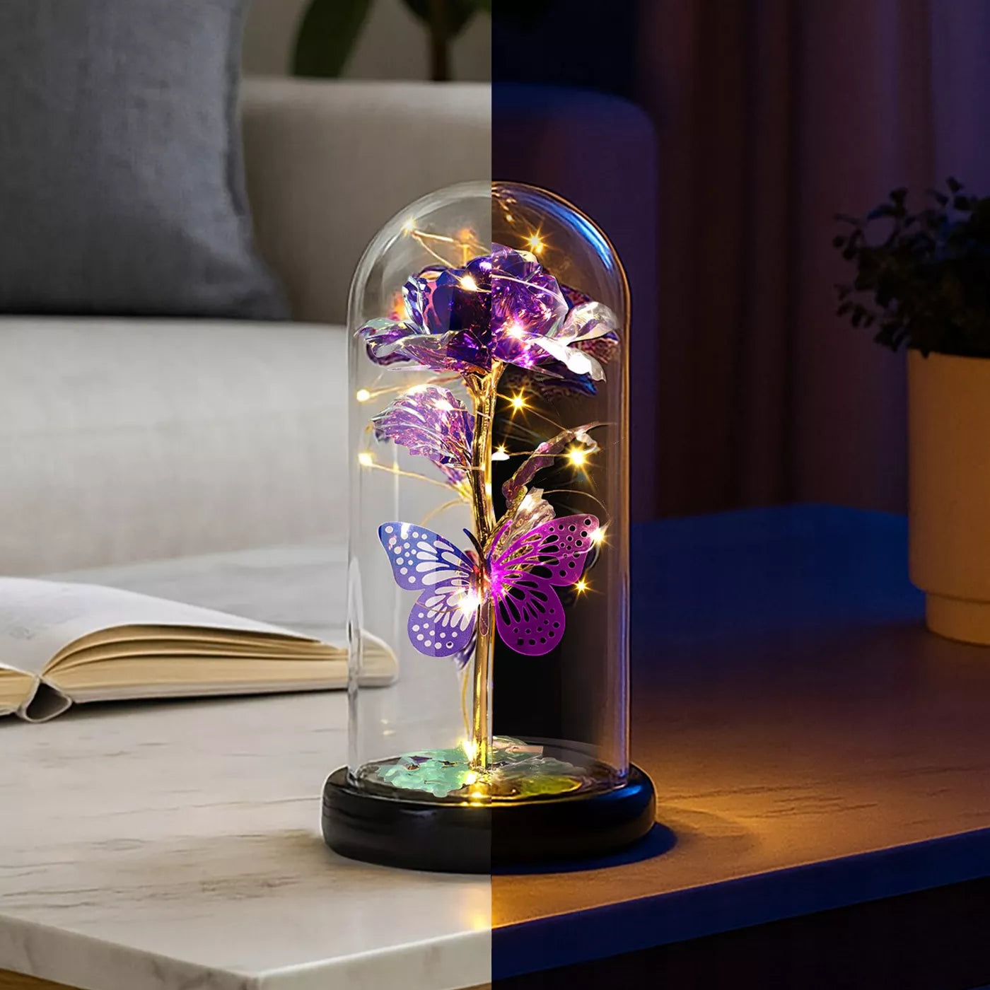 Amžinoji rožė stikliniame kupole su LED apšvietimu, violetinė - puiki dovana moteriai