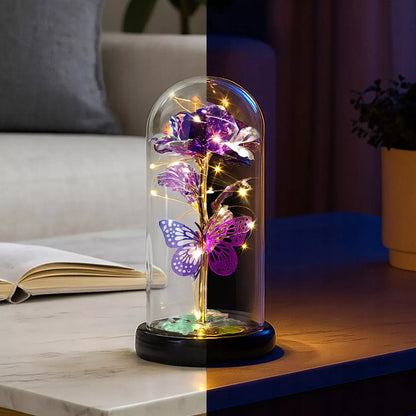 Amžinoji rožė stikliniame kupole su LED apšvietimu, violetinė - puiki dovana moteriai