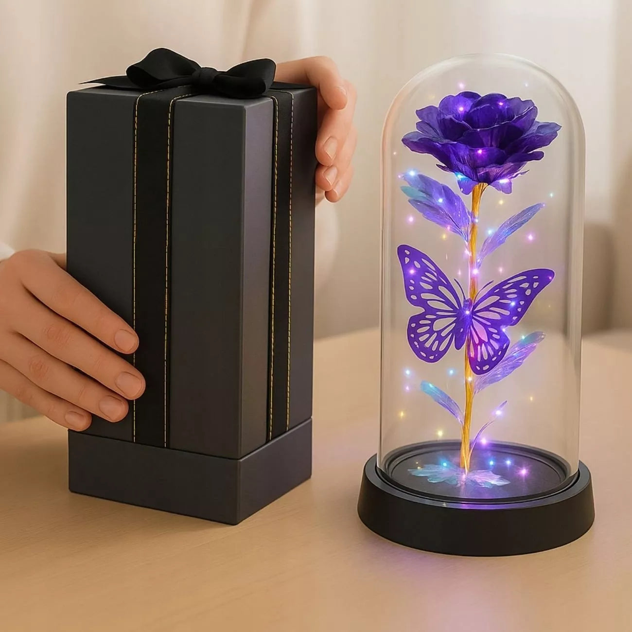 Amžinoji rožė stikliniame kupole su LED apšvietimu, violetinė - puiki dovana moteriai