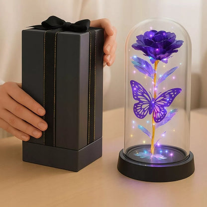 Amžinoji rožė stikliniame kupole su LED apšvietimu, violetinė - puiki dovana moteriai