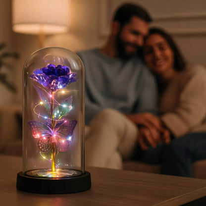 Amžinoji rožė stikliniame kupole su LED apšvietimu, violetinė - puiki dovana moteriai