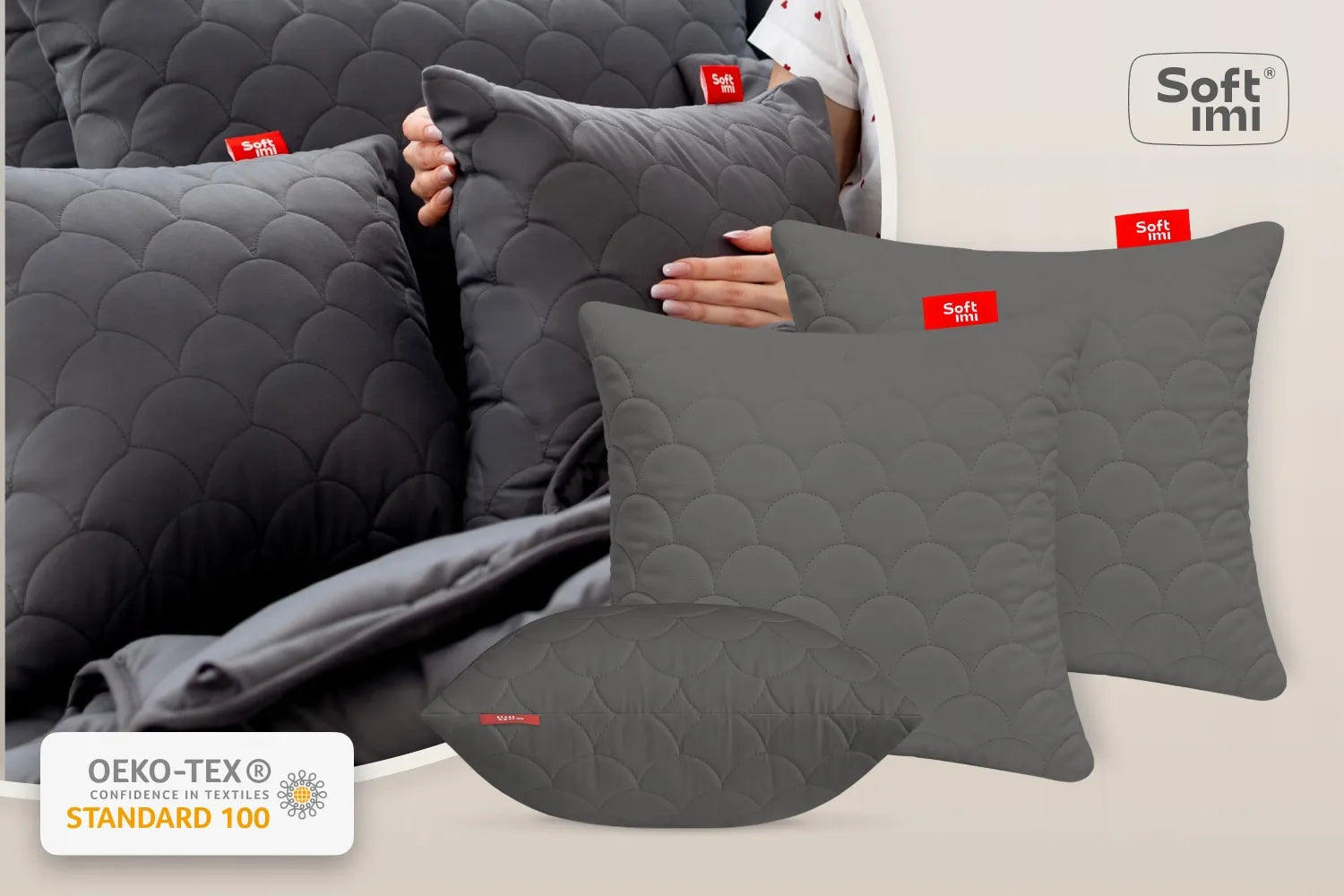 Antialerginė pagalvė 2x40x40cm miego komplektas dygsniuota pilka iš Lenkijos