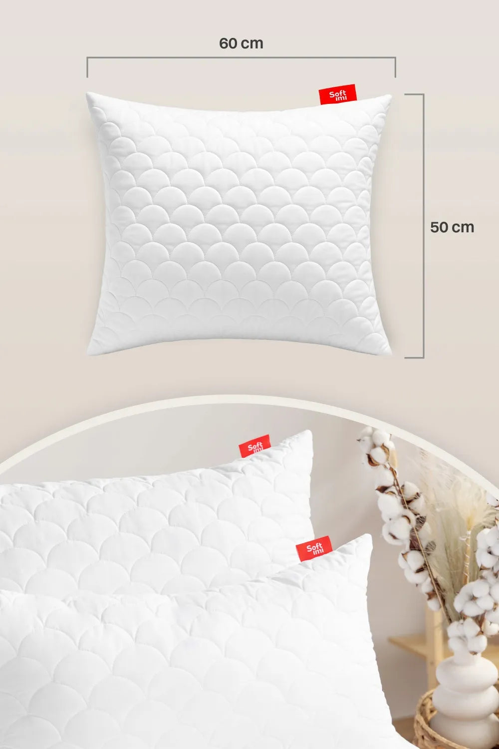 Antialerginė pagalvė 2x50x60cm, dygsniuotas miego komplektas, baltos spalvos, pagaminta Lenkijoje