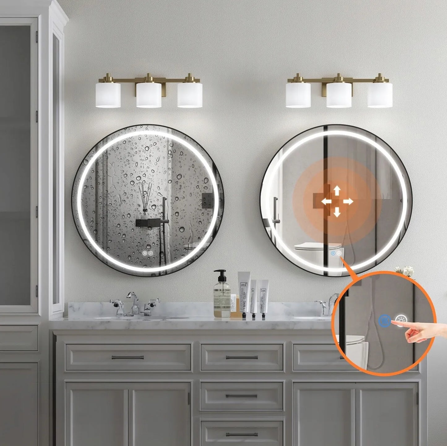 Apvalus LED veidrodis 70 cm vonios kambariui su juodu rėmu, apšvietimu ir nuo rasojimo apsaugos funkcija