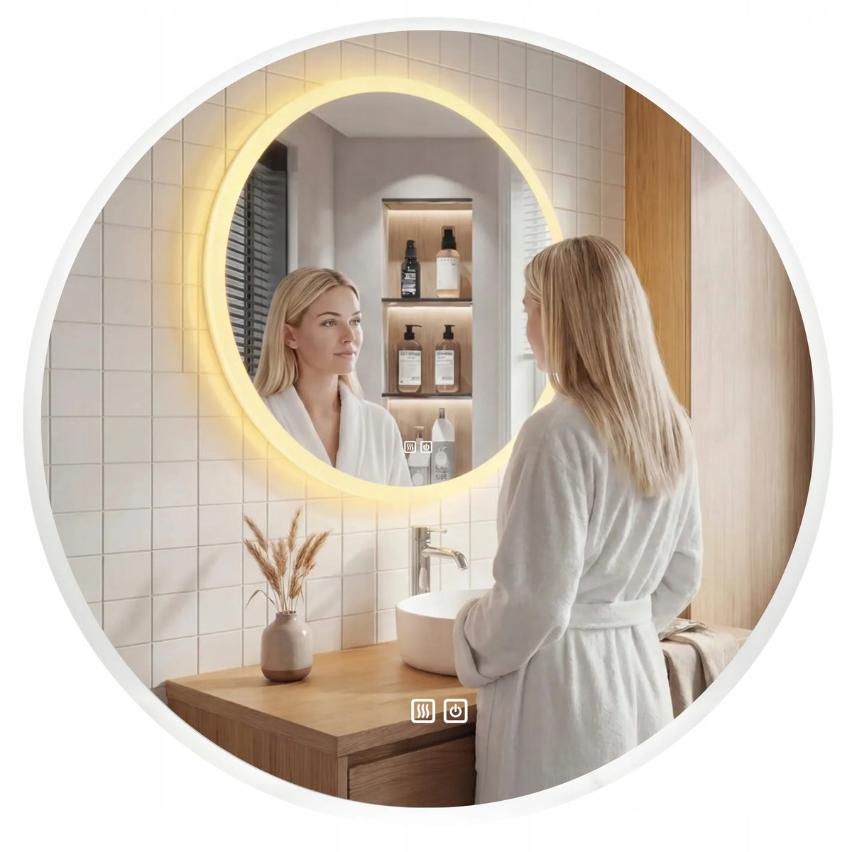 Apvalus LED vonios veidrodis 60 cm, apsauga nuo rasojimo, 3 šviesos spalvos, reguliuojamas ryškumas