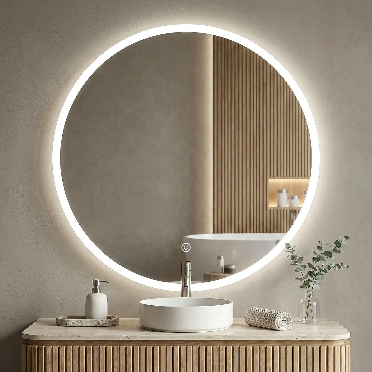 Apvalus „REA FFJ“ vonios veidrodis su LED apšvietimu ir jutikliniu valdymu, 90 cm