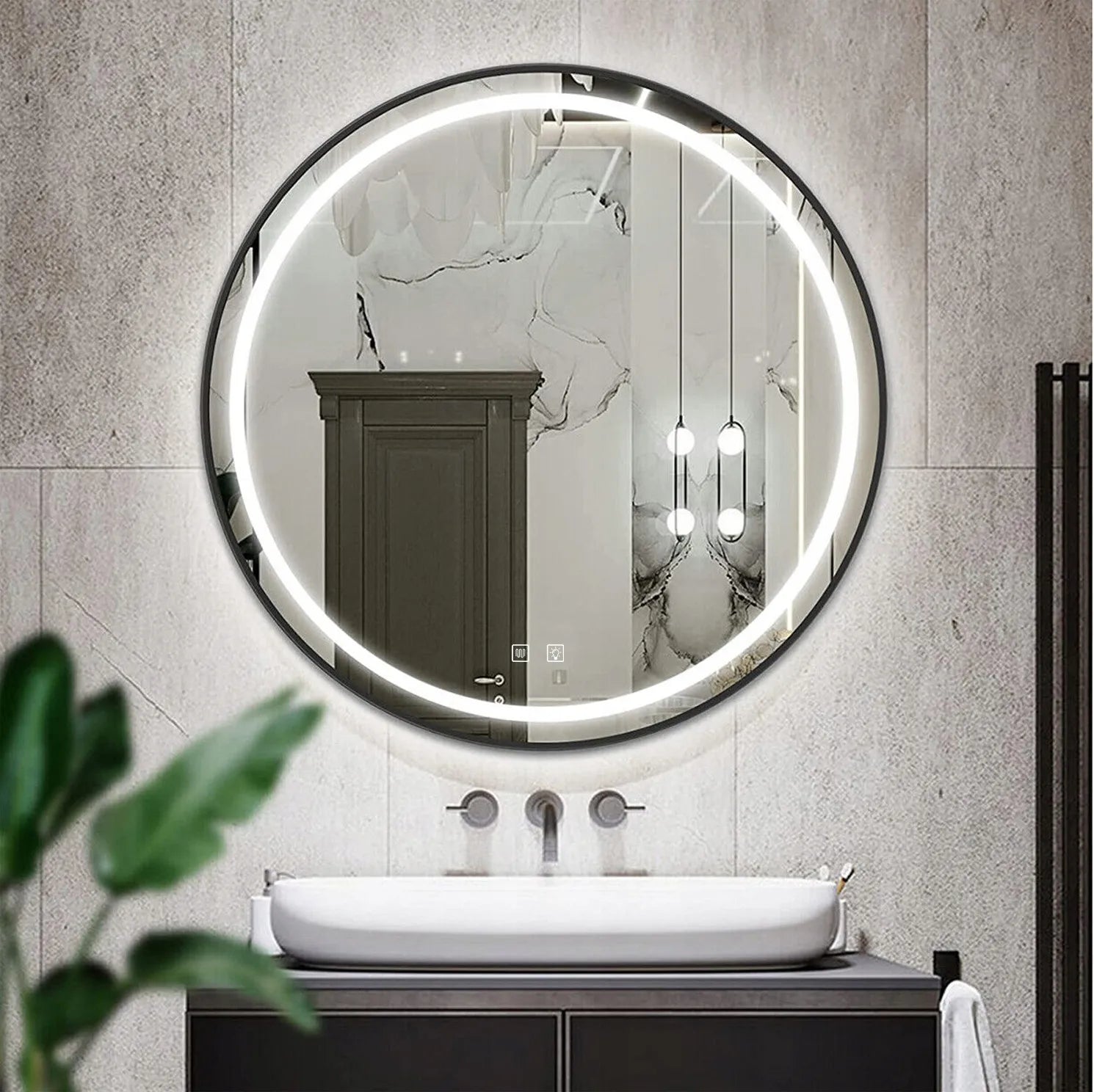 Apvalus vonios veidrodis juodame rėme 90 cm su LED apšvietimu ir nuo rasojimo funkcija