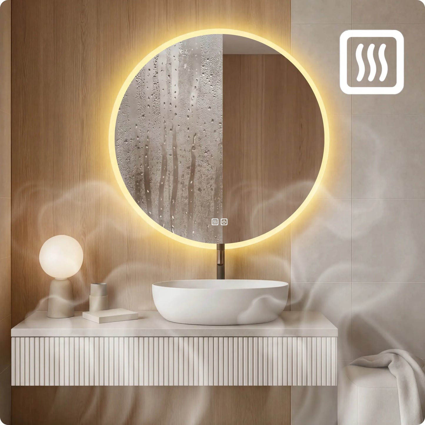 Apvalus vonios veidrodis su LED apšvietimu 60 cm, apsauga nuo rasojimo, 3 spalvų režimai, ryškumo reguliavimas