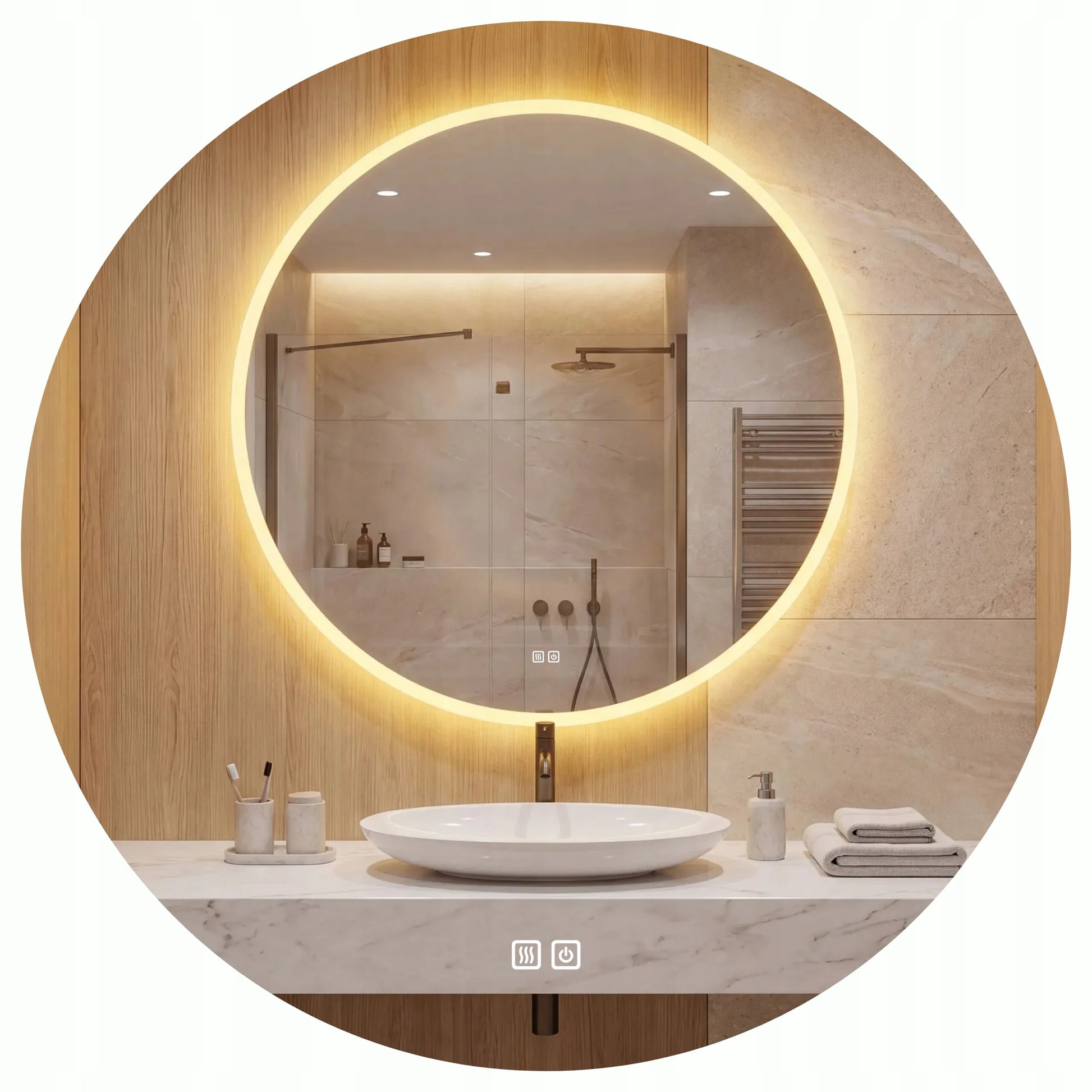 Apvalus vonios veidrodis su LED apšvietimu 60 cm, apsauga nuo rasojimo, 3 spalvų režimai, ryškumo reguliavimas