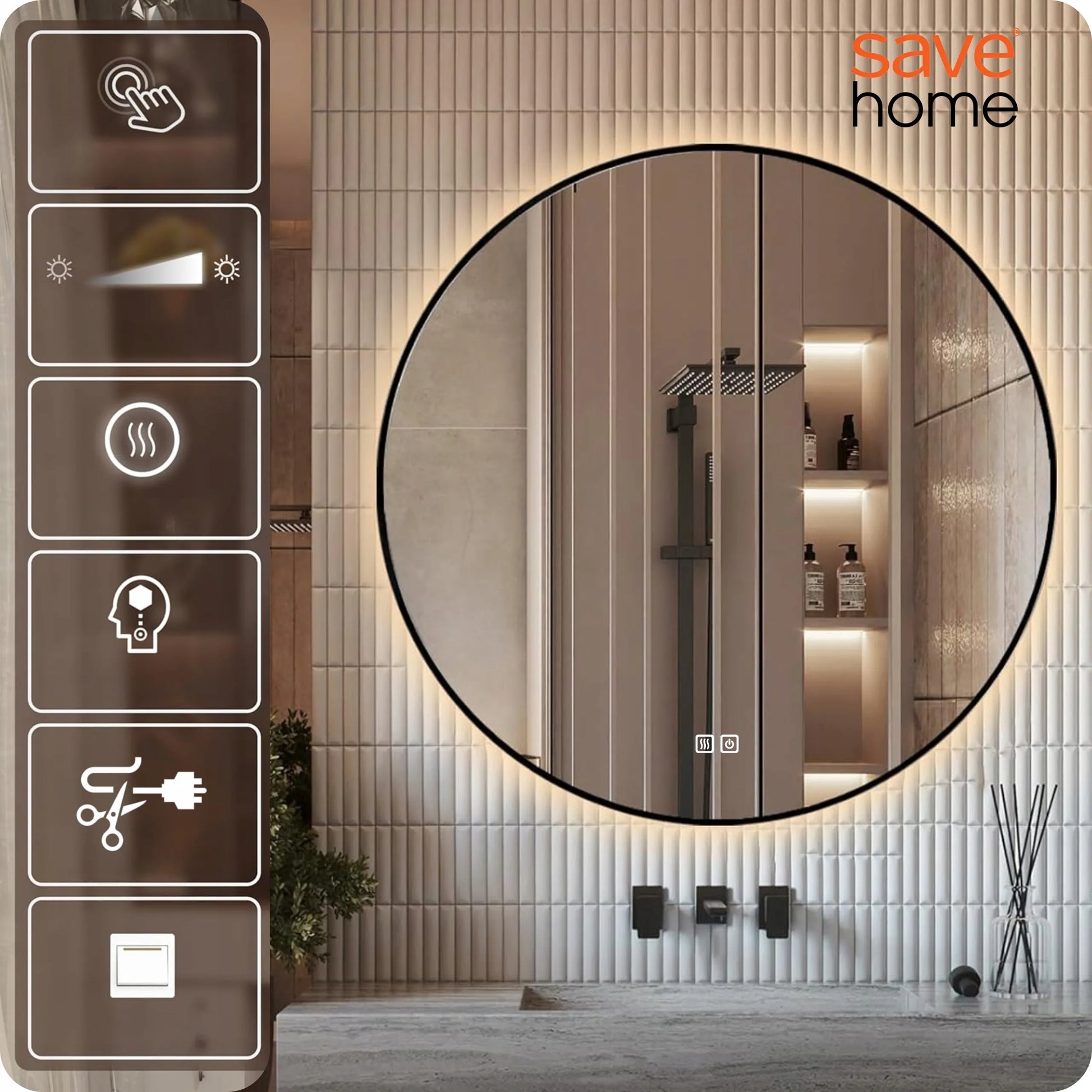 Apvalus vonios veidrodis su LED apšvietimu, 60 cm, juodas metalinis rėmas, LOFT PREMIUM