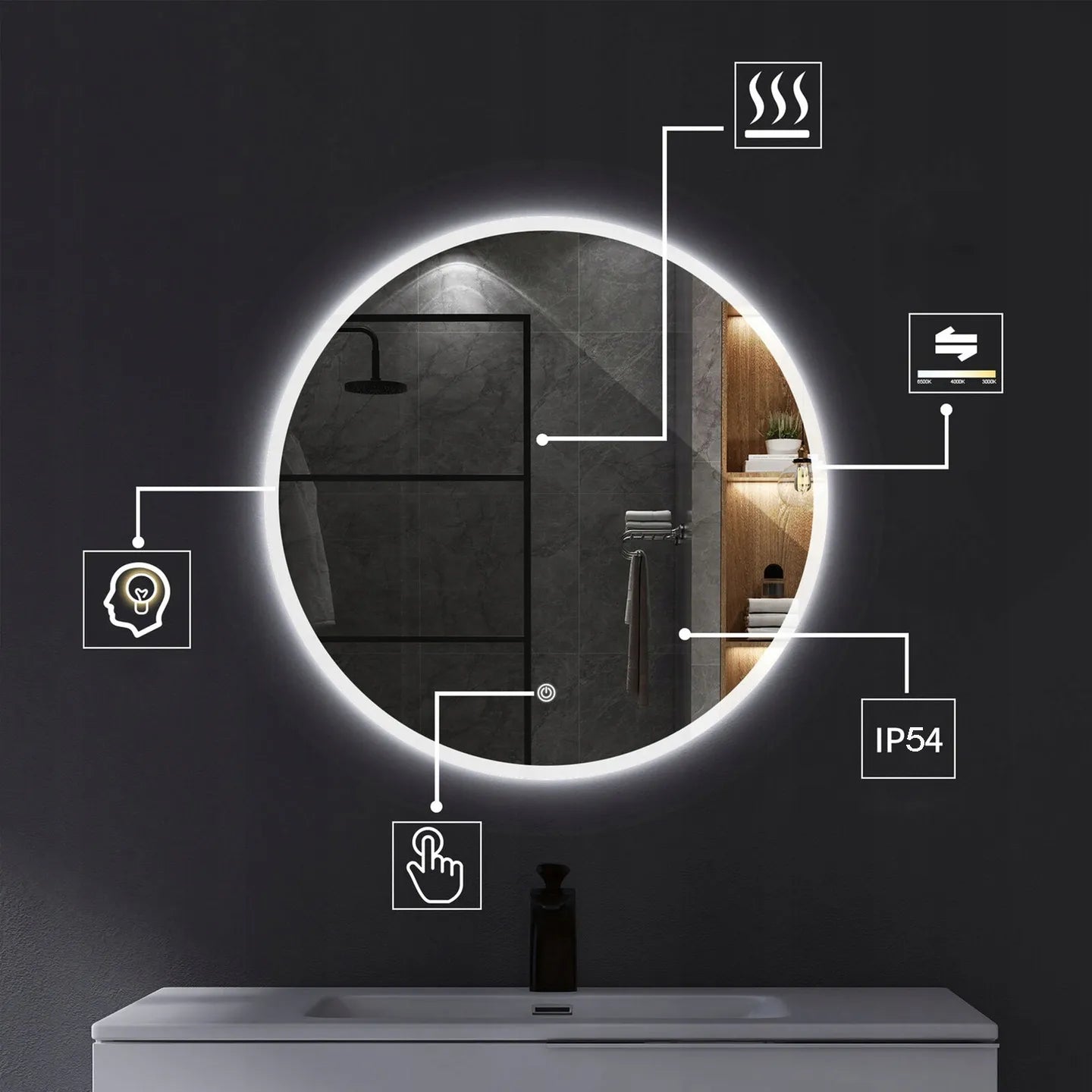 Apvalus vonios veidrodis su LED apšvietimu ir lietimui jautriu valdymu, 70 cm