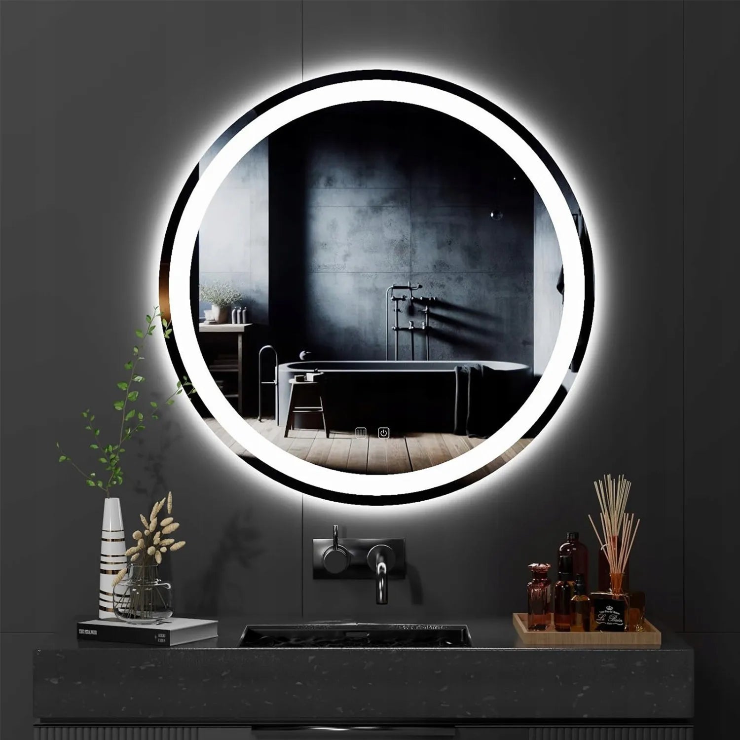 Apvalus vonios veidrodis Tutumi BAS su LED apšvietimu, 90 cm, jutiklinis su rasojimo prevencija