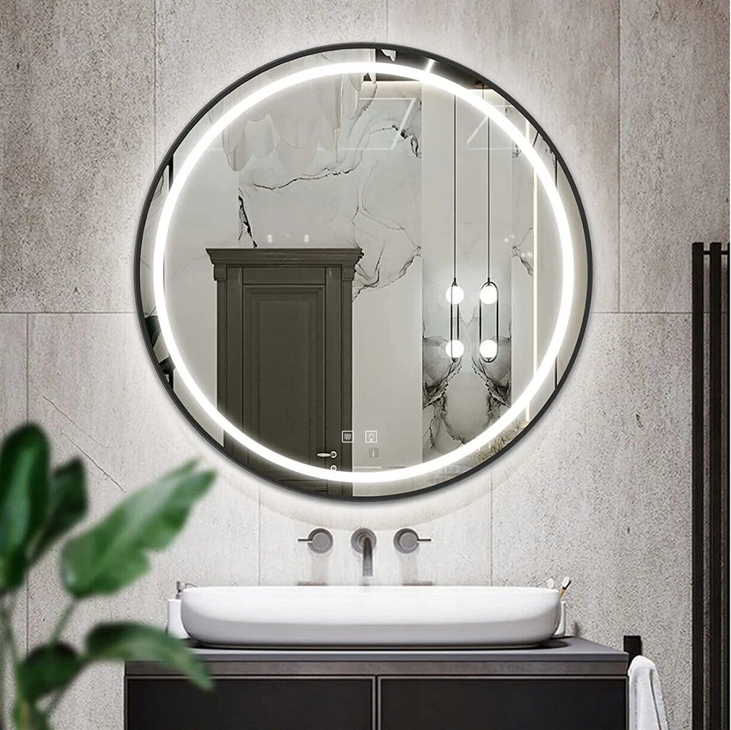 Apvalus vonios veidrodis Tutumi LED REA 80 cm, juodas rėmas, su apšvietimu ir rasojimo prevencija