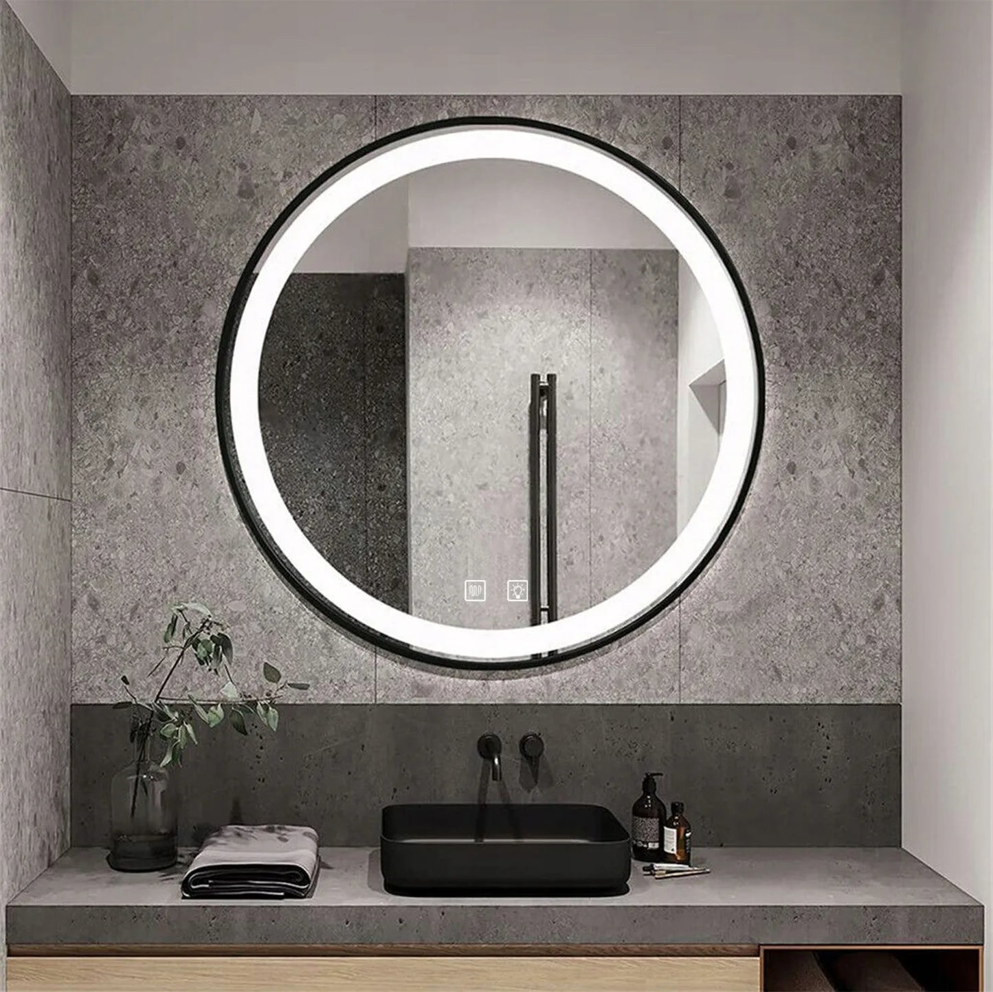 Apvalus vonios veidrodis Tutumi LED REA 80 cm, juodas rėmas, su apšvietimu ir rasojimo prevencija
