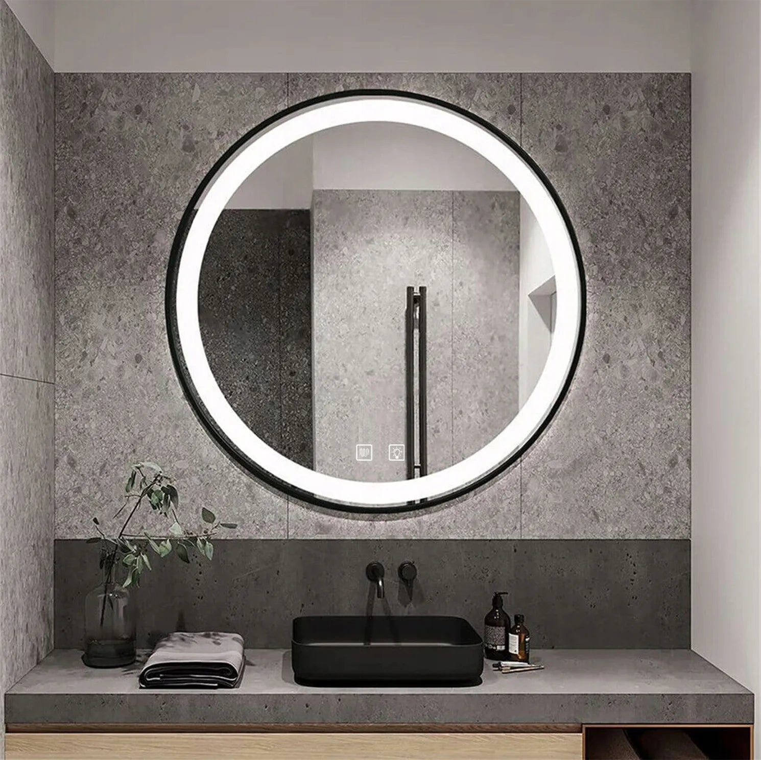 Apvalus vonios veidrodis Tutumi LED REA 80 cm, juodas rėmas, su apšvietimu ir rasojimo prevencija