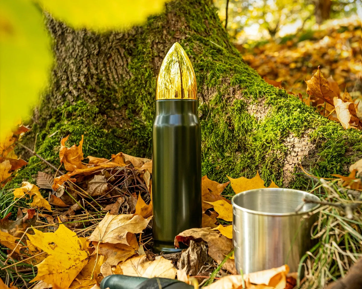 Artilerinio šovinio formos termosas 500 ml army green - idealus išgyvenimo kelionėms