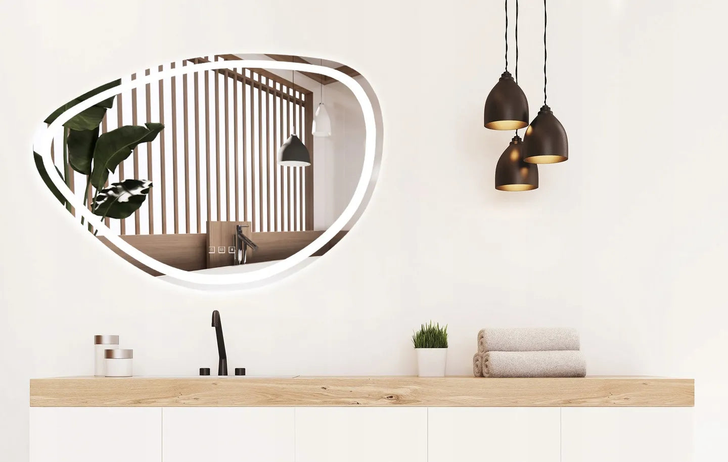 Asimetriškas vonios veidrodis su LED apšvietimu FOG, Bluetooth, 70x100 cm