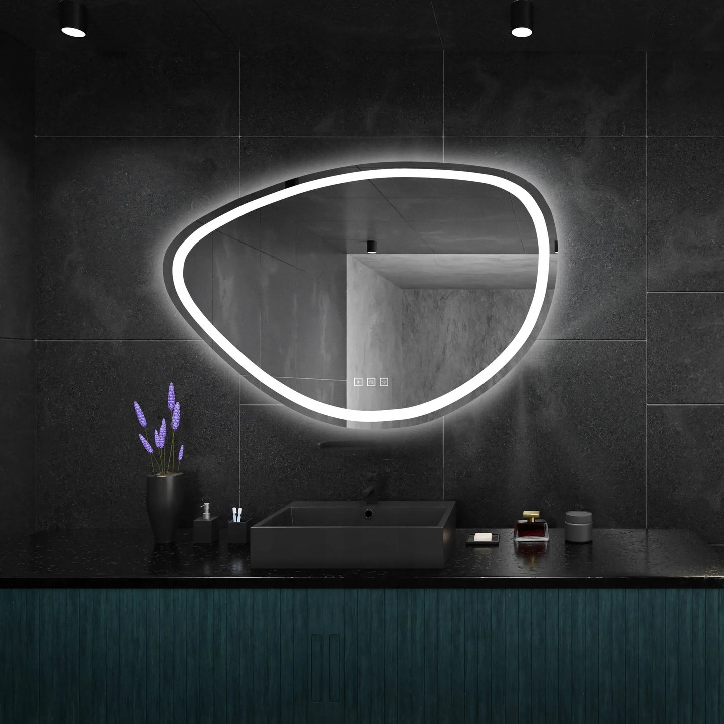 Asimetriškas vonios veidrodis su LED apšvietimu FOG, Bluetooth, 70x100 cm