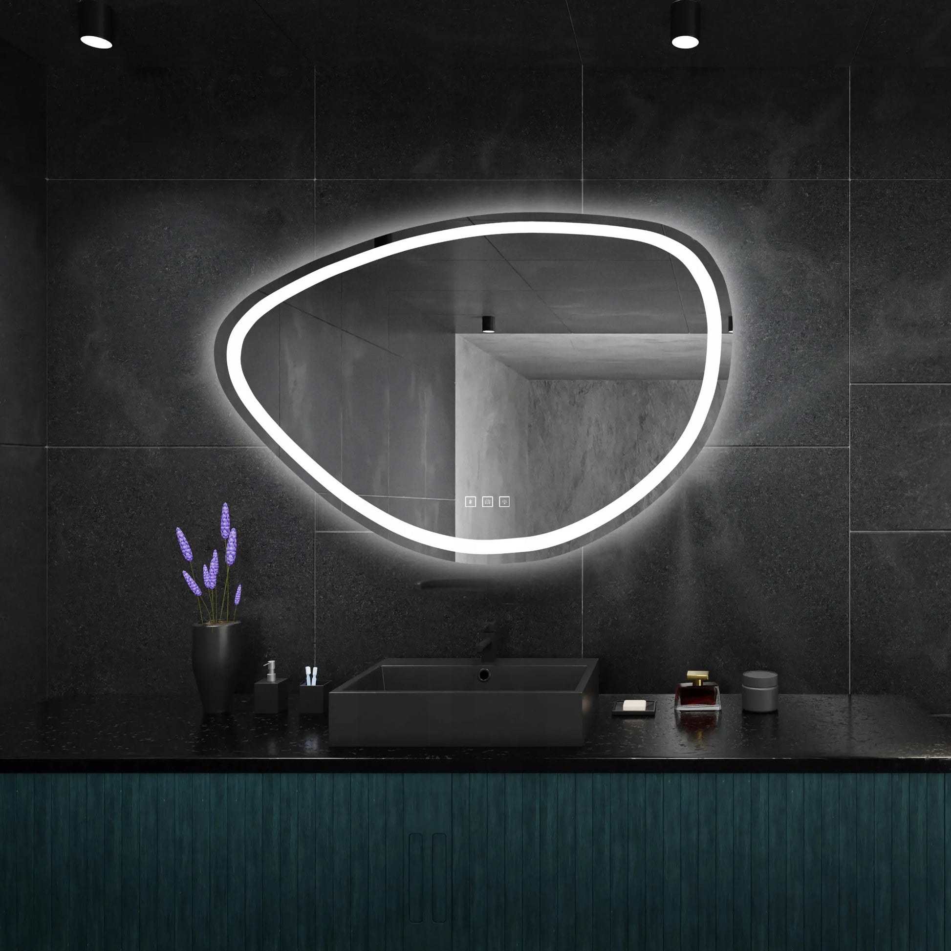 Asimetriškas vonios veidrodis su LED apšvietimu FOG, Bluetooth, 70x100 cm