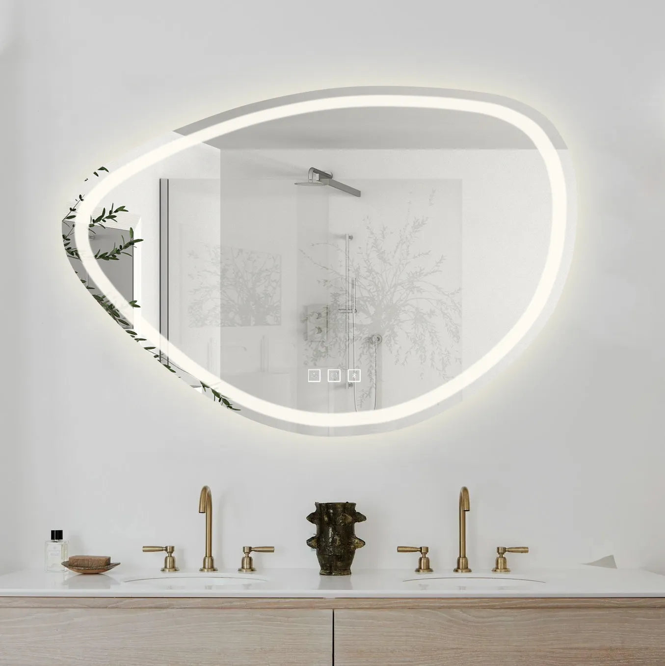 Asimetriškas vonios veidrodis su LED apšvietimu FOG, Bluetooth, 70x100 cm