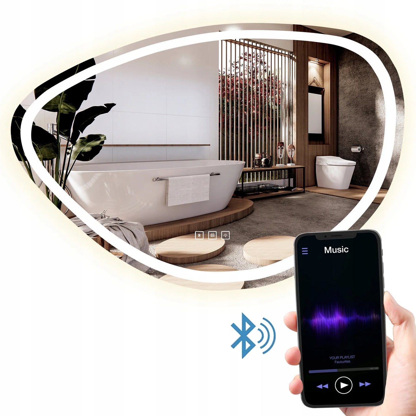 Asimetriškas vonios veidrodis su LED apšvietimu FOG, Bluetooth, 70x100 cm